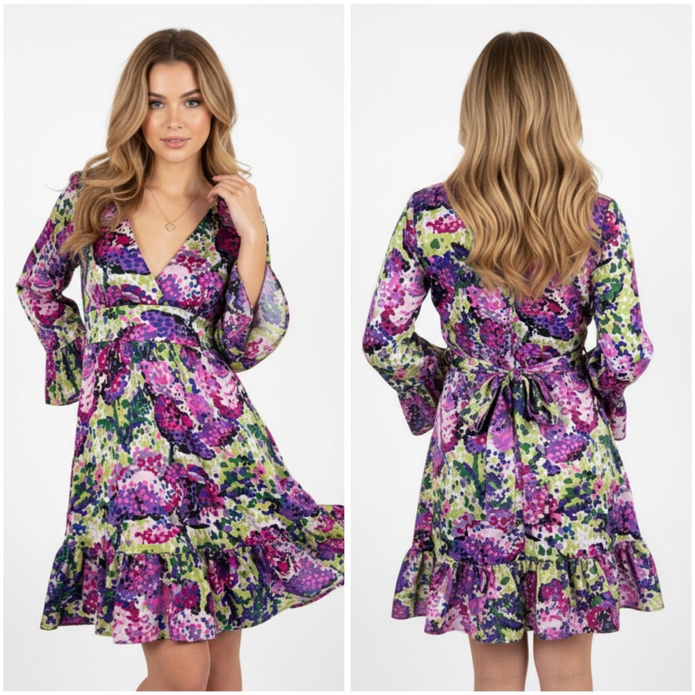 BETSEY JOHNSON Bright Floral Print Ruffle Mini Dress Bell Sleeves Tie Back Sz 4